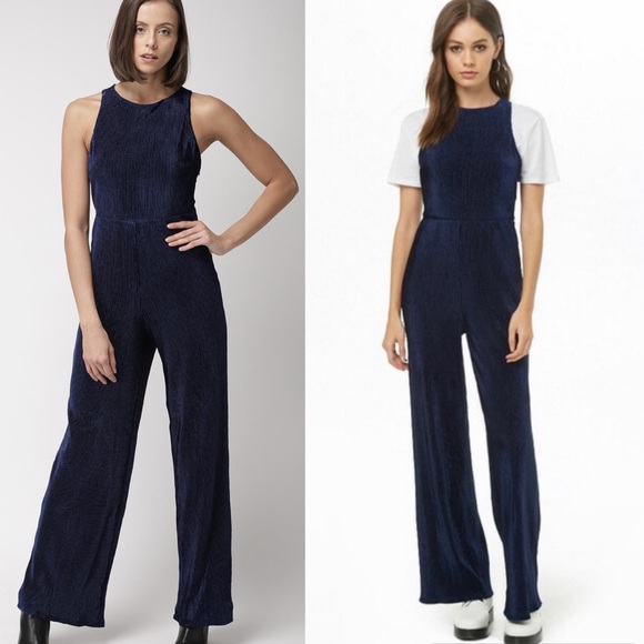 Navy Blue Velvet Jumpsuit - Picture 3 of 17